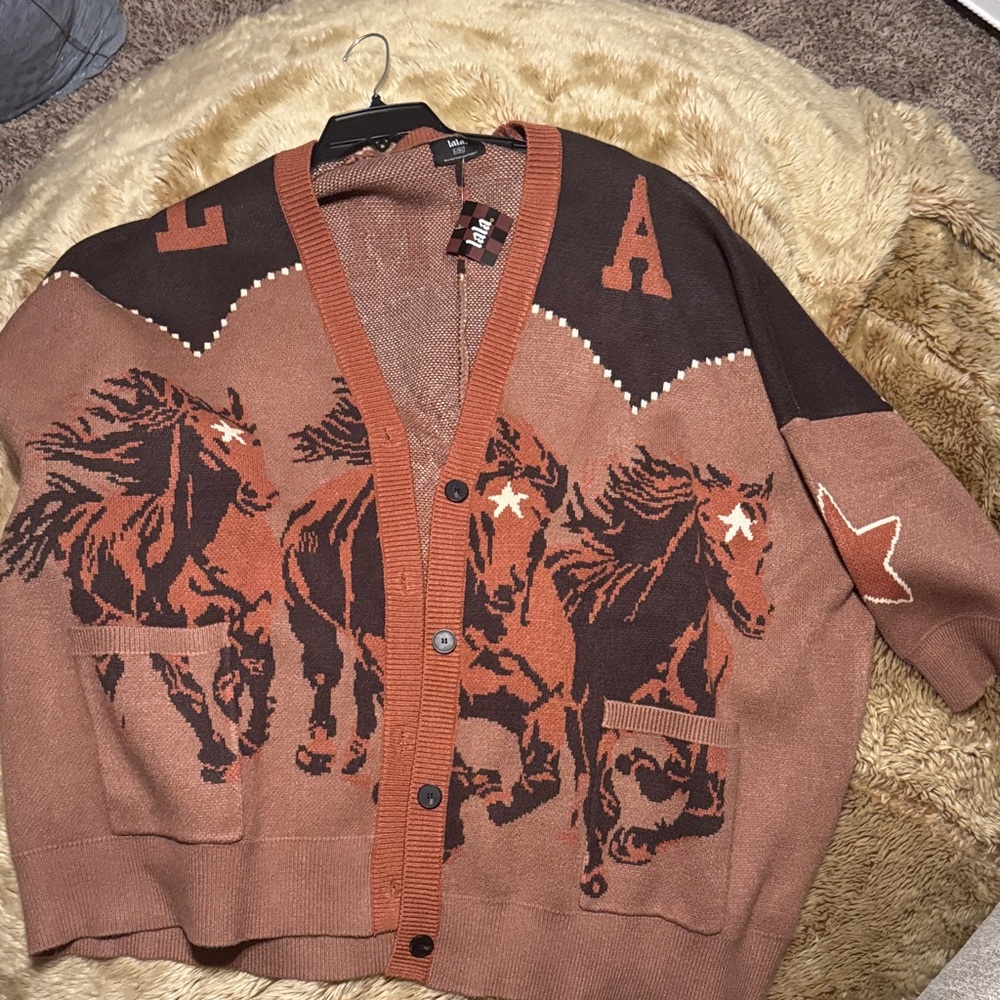 Dressed in LALA Brown Horse Print Cardigan. 
PRICE IS FIRM